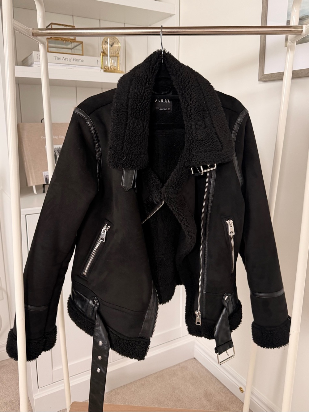 Zara Black Faux-Shearling Biker Jacket